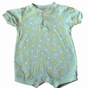 90s Basic Editions Baby Green Romper With Cat And Dinosaur Pattern 6-9M